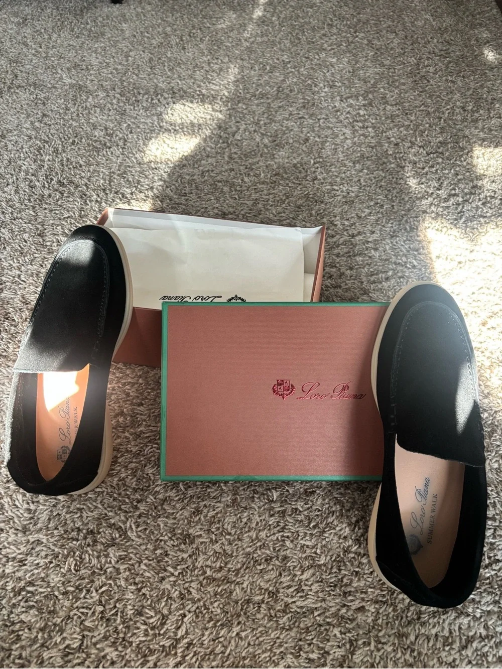 Loro Piana Black Suede Slip-On Loafers with Cream Soles